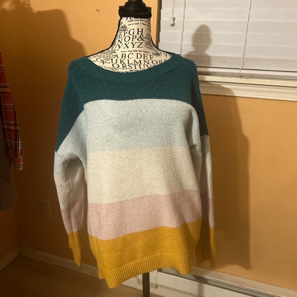So! Color Block Popcorn Knit Sweater L Teal Yellow Pink Green Cozy Soft